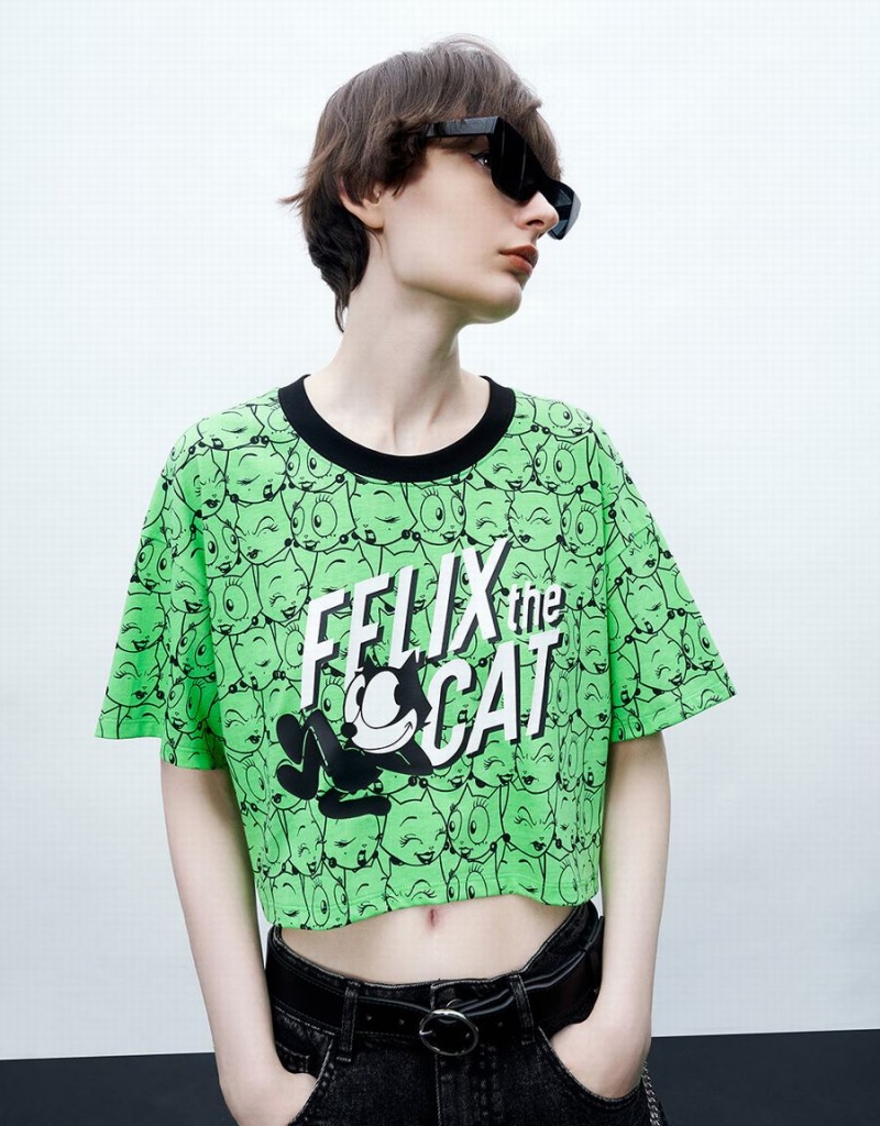 Green Women's Urban Revivo Felix The Cat Printed Crew Neck T Shirts | LMR2758TC