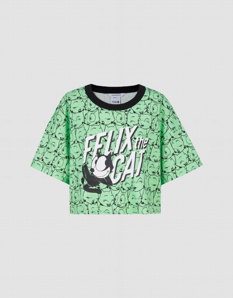 Green Women's Urban Revivo Felix The Cat Printed Crew Neck T Shirts | LMR2758TC