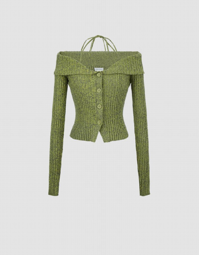 Green Women's Urban Revivo Halter Neck Off-Shoulder Knitted Cardigan | IAH4915HB