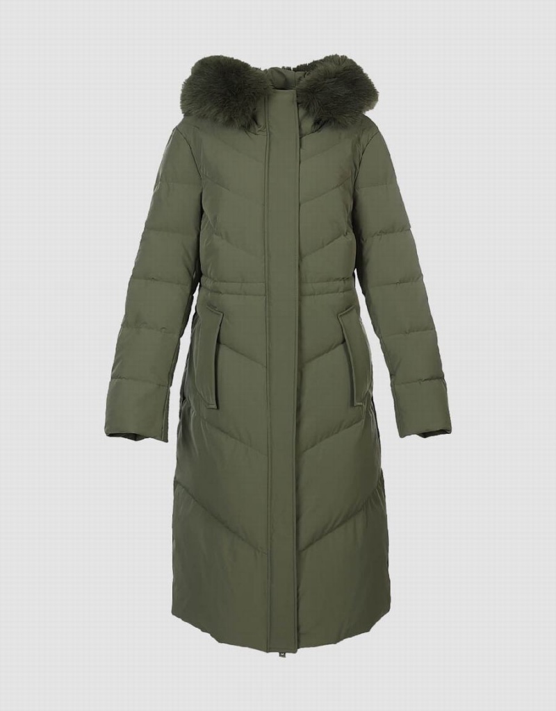 Green Women's Urban Revivo Hooded A-Line With Detachable Furry Collar Down Jackets | EJA5068BA