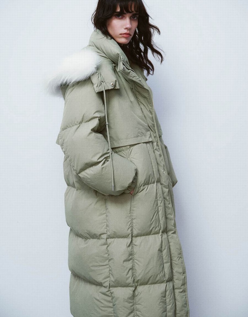 Green Women's Urban Revivo Hooded Straight Down Jackets | RXP9739RD