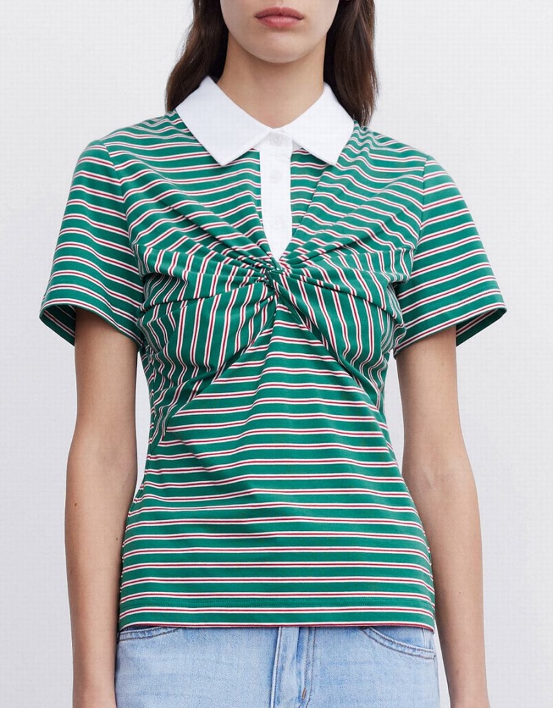 Green Women's Urban Revivo Knotted Detail Striped Polo Shirts | IYL6233KY