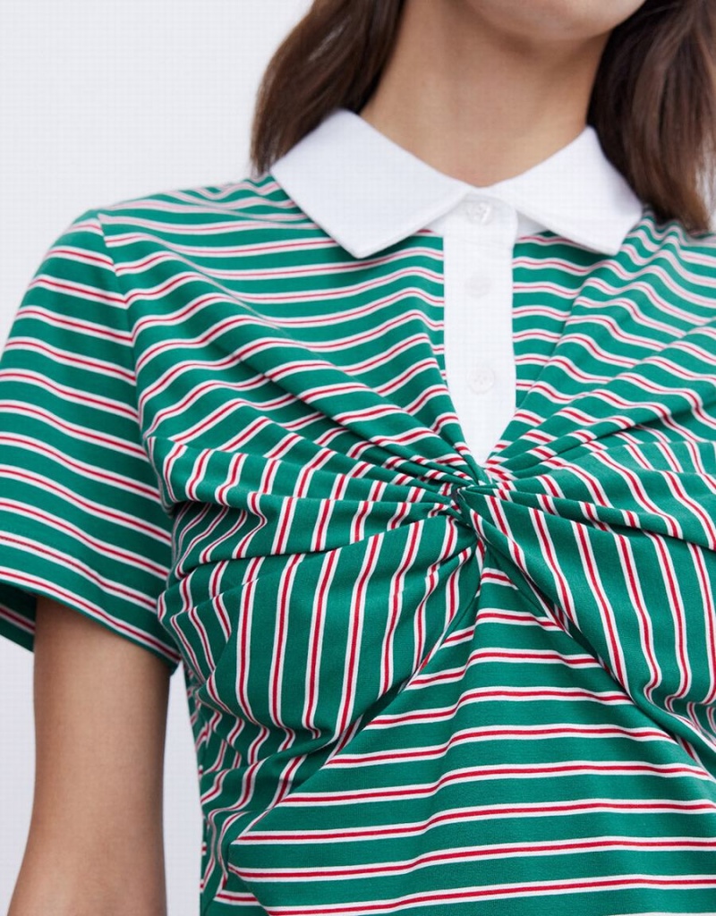 Green Women's Urban Revivo Knotted Detail Striped Polo Shirts | IYL6233KY