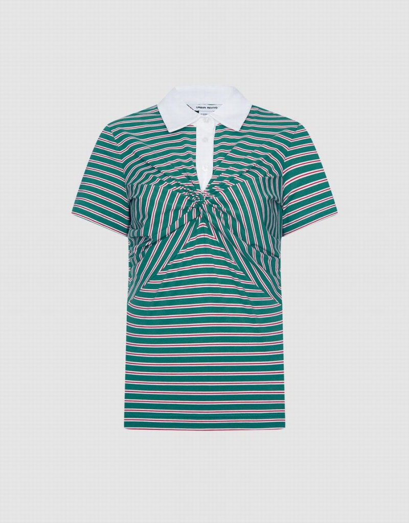 Green Women\'s Urban Revivo Knotted Detail Striped Polo Shirts | IYL6233KY