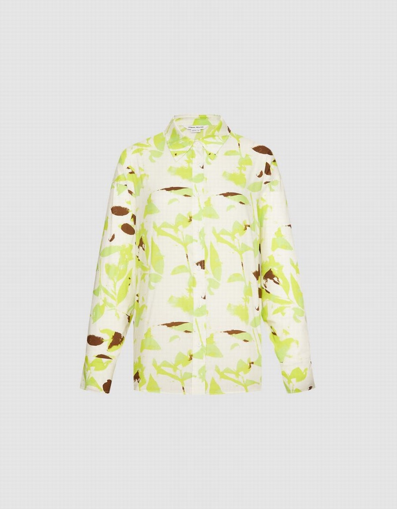 Green Women's Urban Revivo Leaf Print Button Up Shirts | YCI8988KS