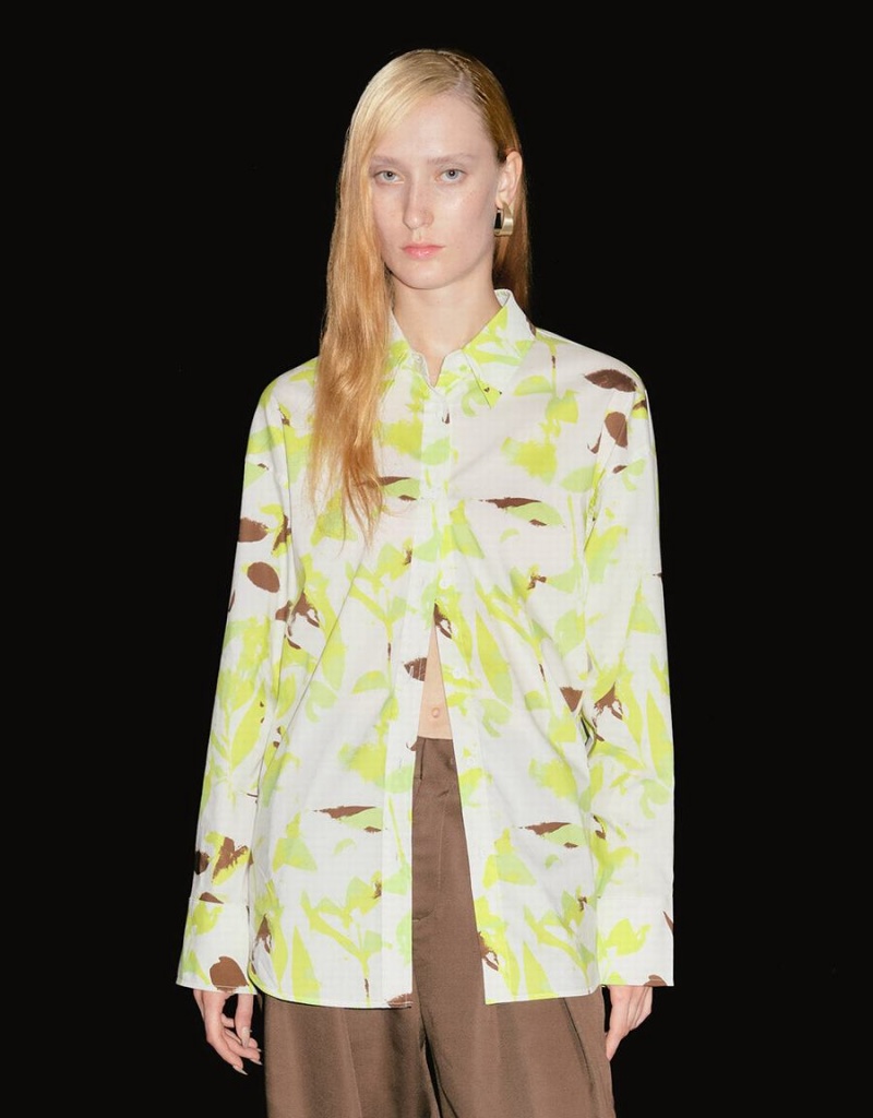 Green Women's Urban Revivo Leaf Print Button Up Shirts | YCI8988KS