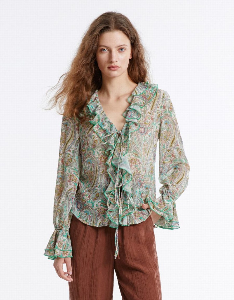 Green Women's Urban Revivo Paisley Print Ruffled Shirts | GSE1962GS