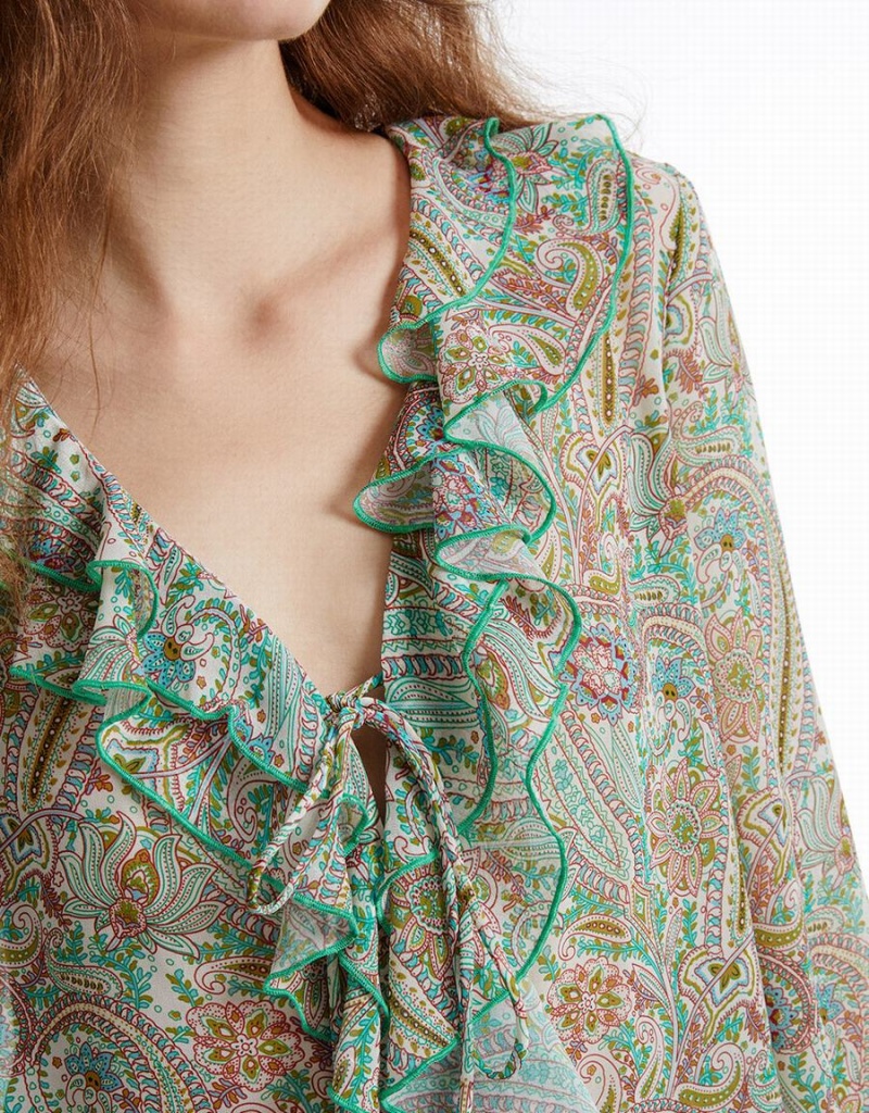 Green Women's Urban Revivo Paisley Print Ruffled Shirts | GSE1962GS