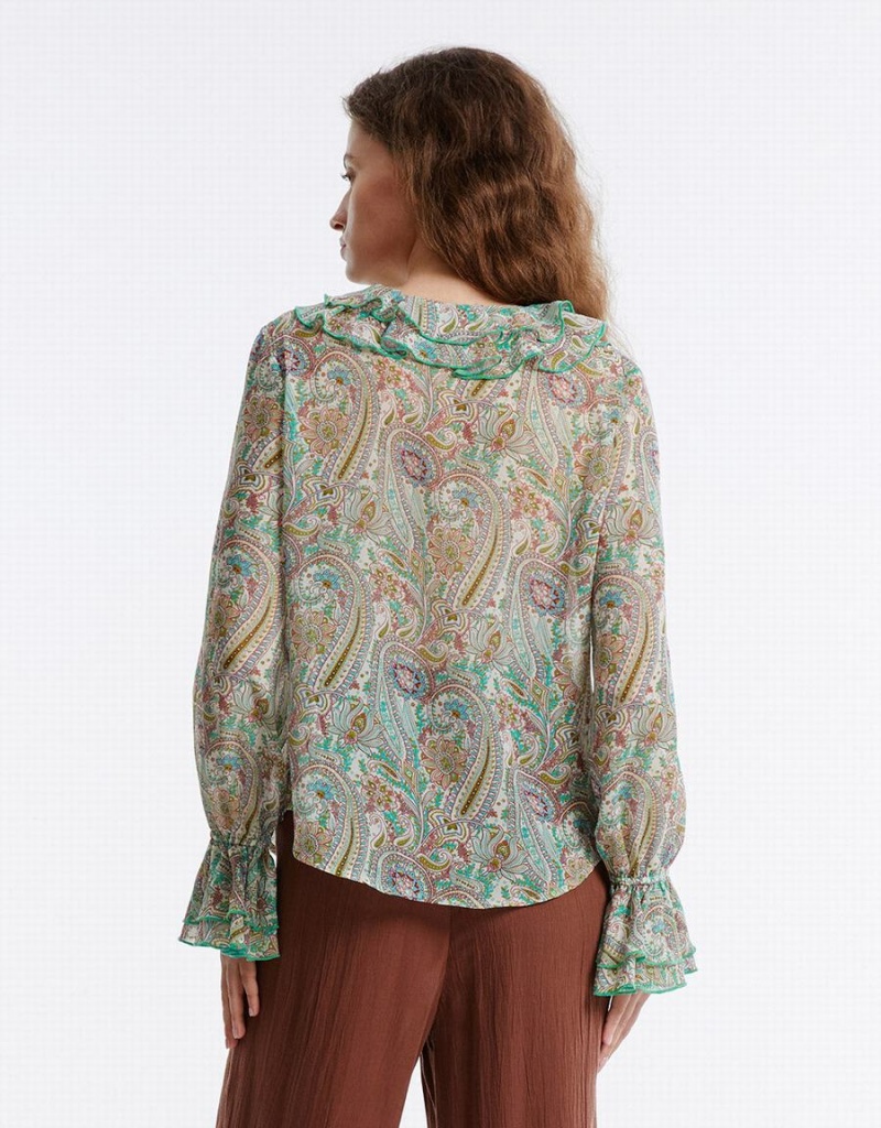 Green Women's Urban Revivo Paisley Print Ruffled Shirts | GSE1962GS