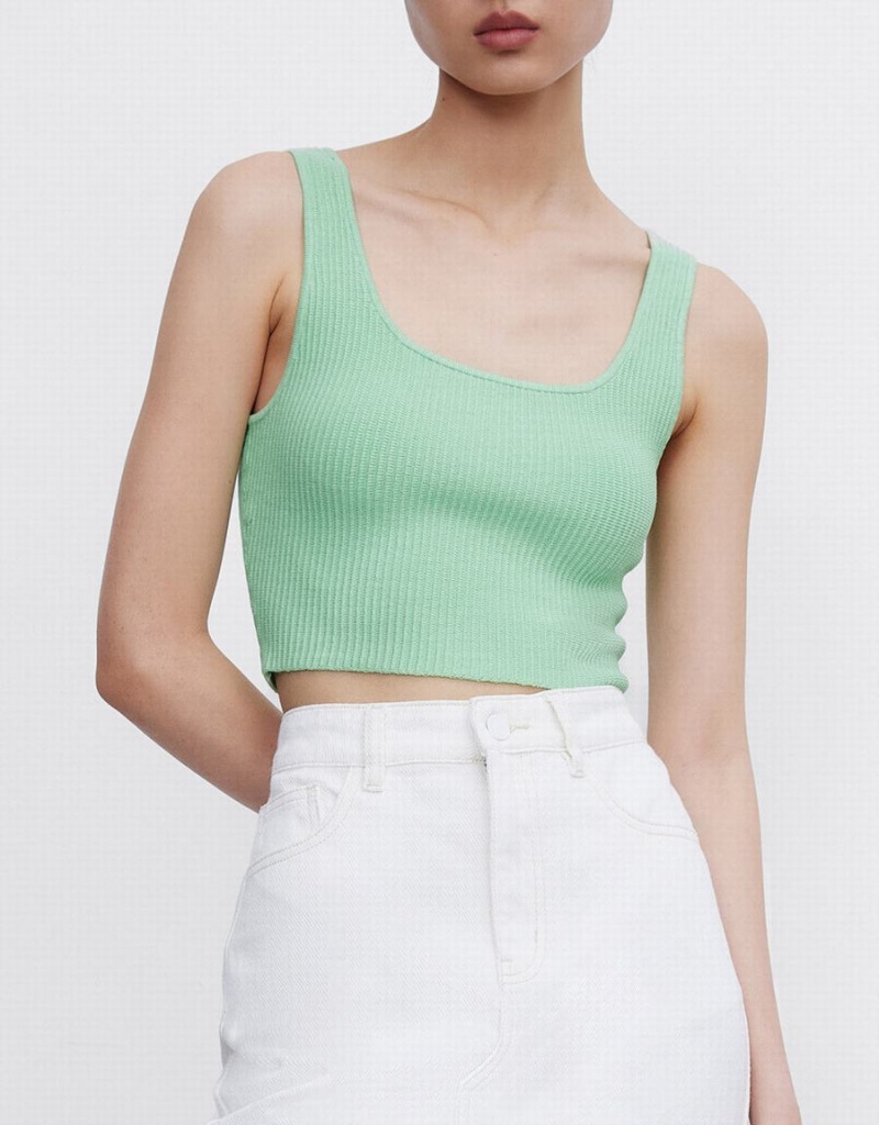 Green Women's Urban Revivo Plain Ribbed Knit Tank Top | NOK2076EN