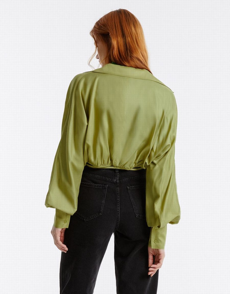 Green Women's Urban Revivo Tie Front Wrap Shirts | PSW5610YN