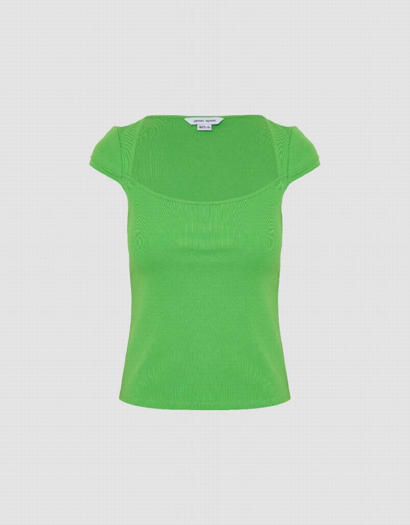 Green Women's Urban Revivo U Neck Knitted Skinny T Shirts | BGQ4059JQ