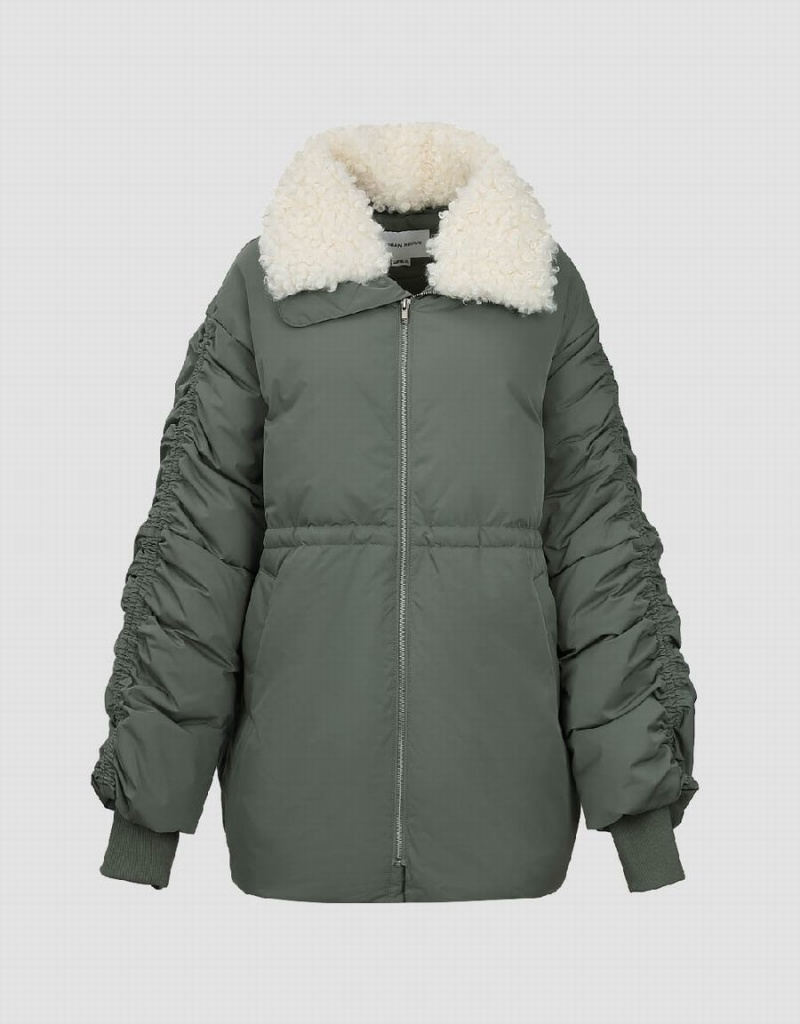 Green Women's Urban Revivo Zipper Front With Furry Collar Down Jackets | FZW9799QV