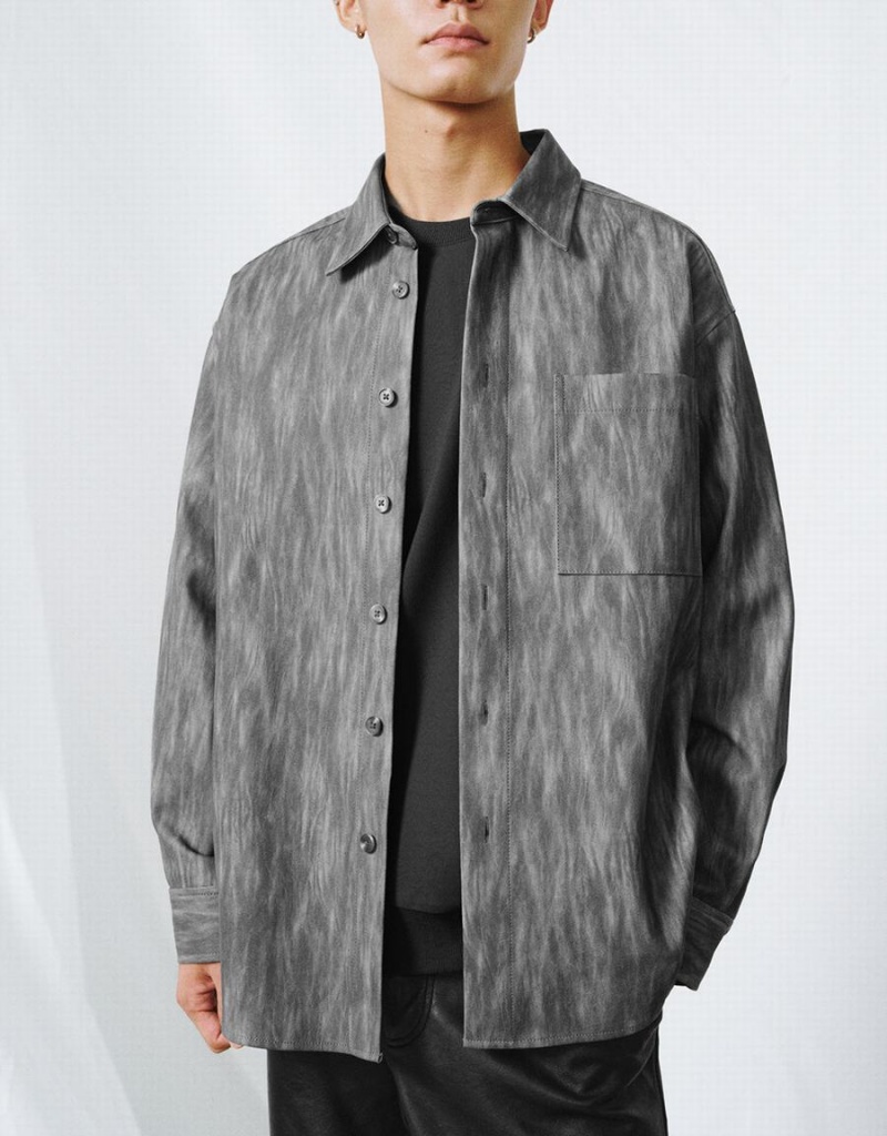 Grey Men's Urban Revivo Button Up Printed Shirts | KBC3744LW