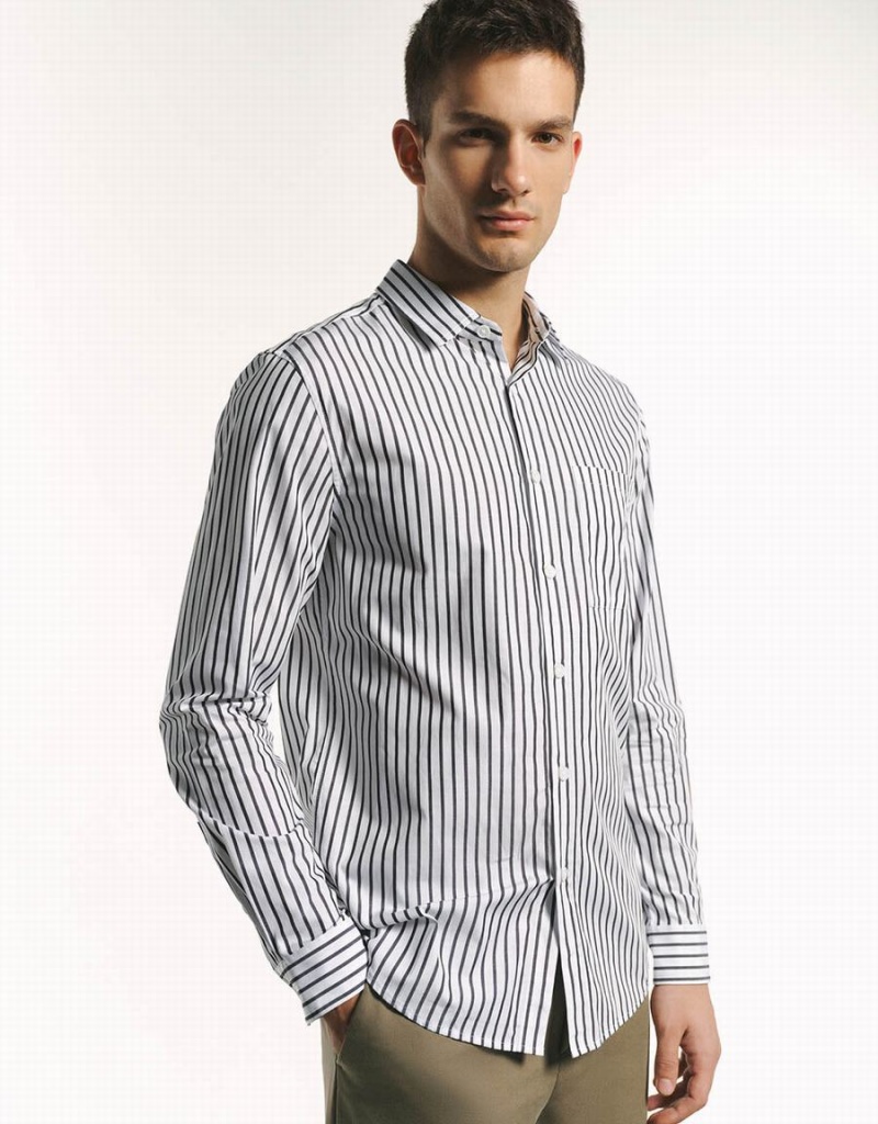 Grey Men's Urban Revivo Button Up Striped Shirts | DKC8987AZ