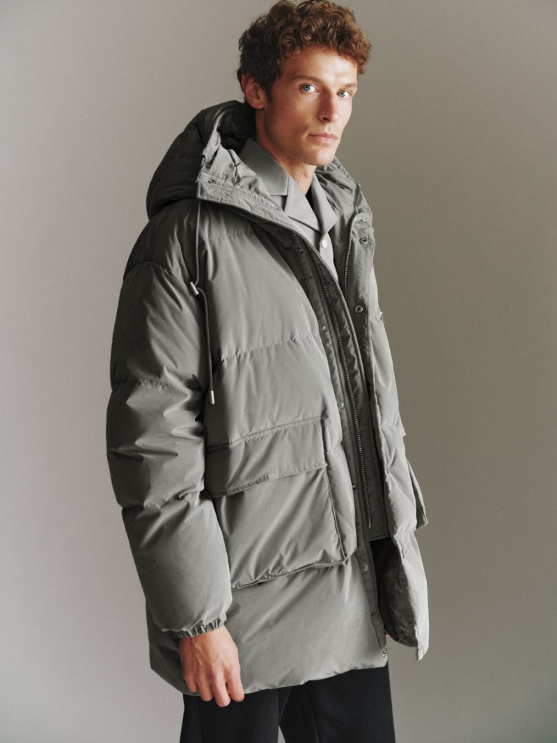 Grey Men's Urban Revivo Hooded A-Line Down Jackets | LIH225NB