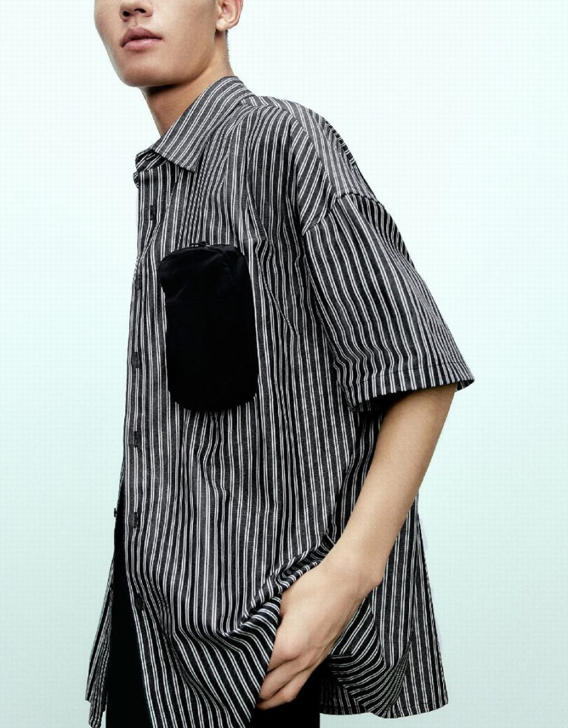 Grey Men's Urban Revivo Striped Loose Shirts | DGJ7371OE