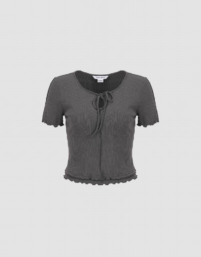 Grey Women\'s Urban Revivo Frill Trim Tie Front Knitted T Shirts | ZNK6828OQ