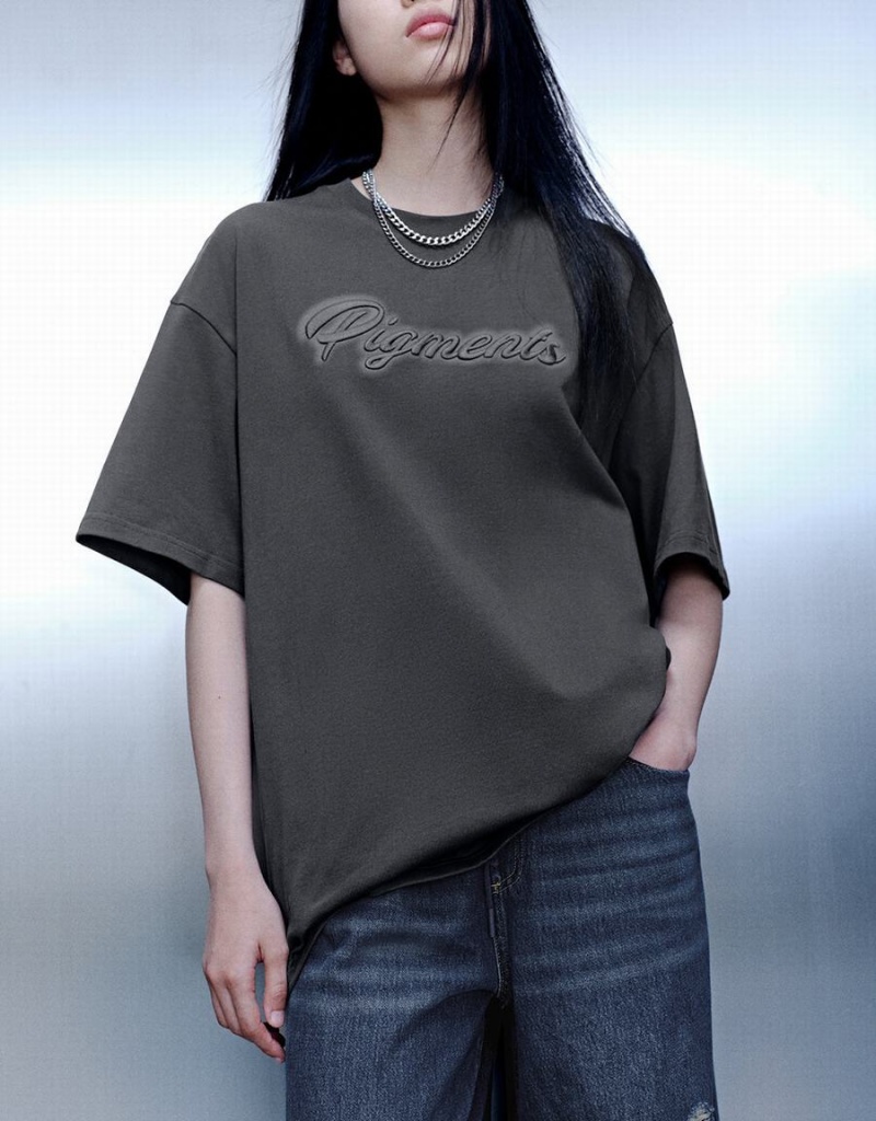 Grey Women's Urban Revivo Letter Embossed Crew Neck Loose T Shirts | QCK8421IW