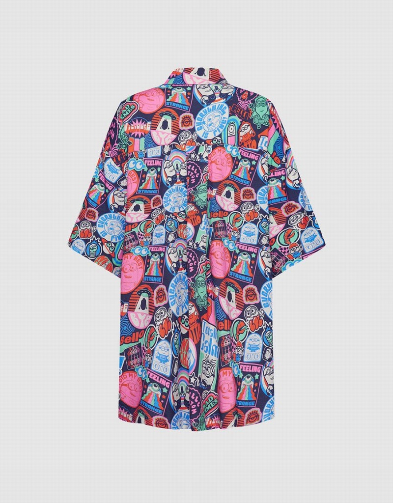 Grey Women's Urban Revivo Minions Allover Print Button Up Shirts | KDJ5519LI