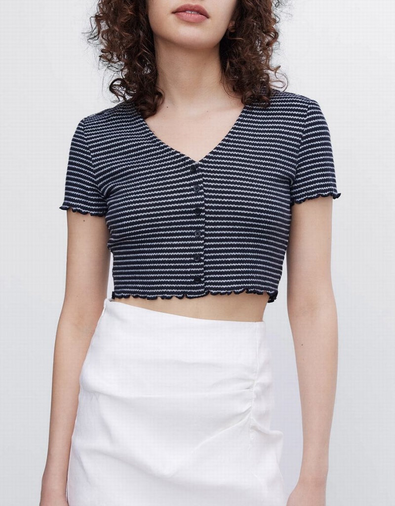 Grey Women's Urban Revivo Striped Crop T Shirts | DMF8268RS