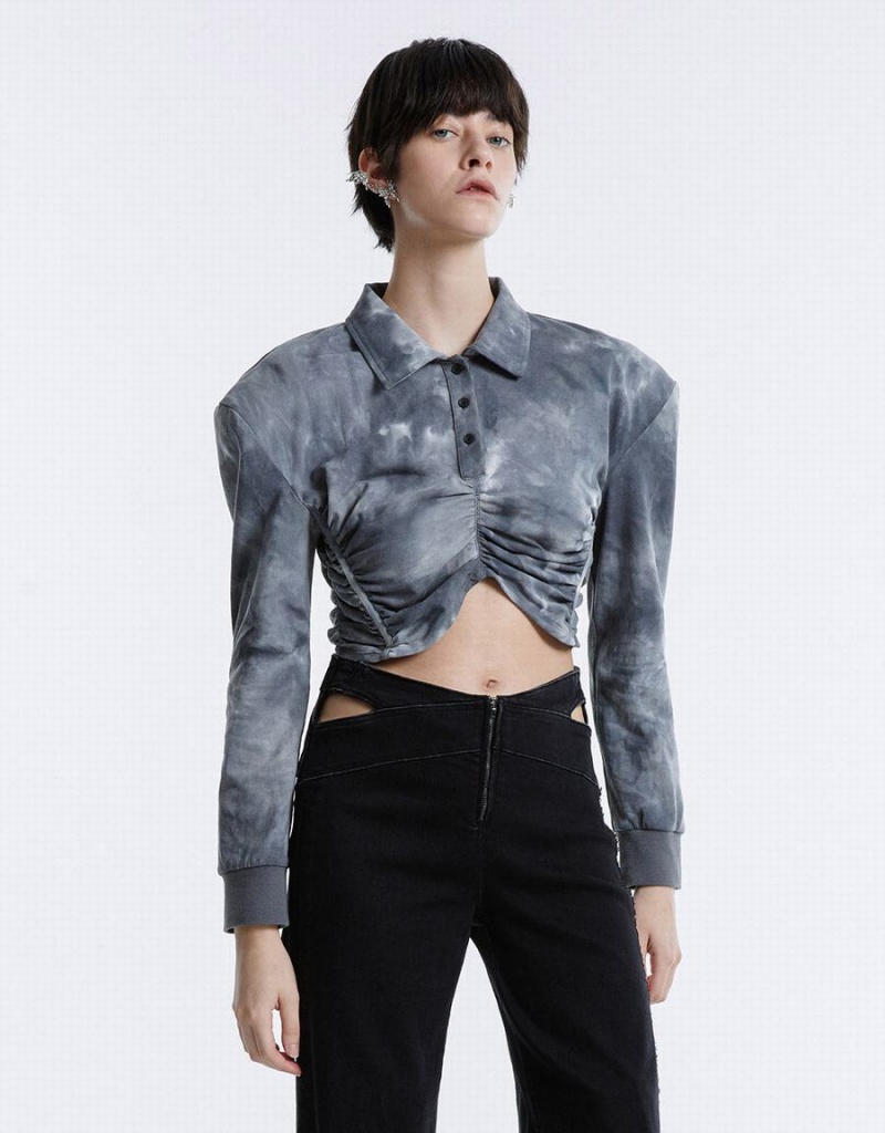 Grey Women's Urban Revivo Tie-Dye Ruched Crop Blouse | EOL2738IT