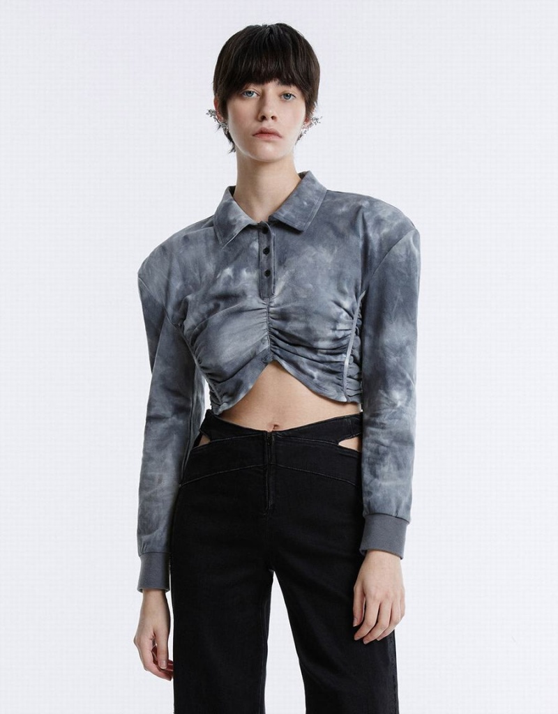 Grey Women\'s Urban Revivo Tie-Dye Ruched Crop Blouse | EOL2738IT