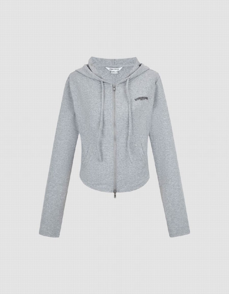 Grey Women's Urban Revivo Zipper Front Knitted Hooded Jackets | GKV4428XV