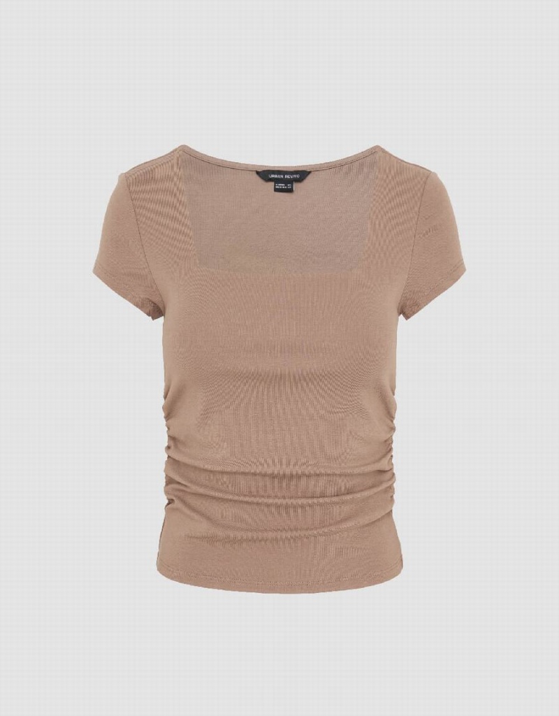 Khaki Brown Women's Urban Revivo Square-Cut Collar Skinny Knitted T Shirts | PMR7940ZY