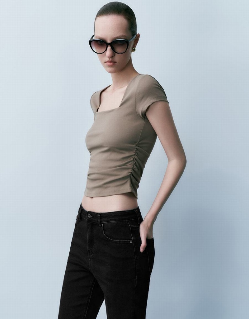 Khaki Brown Women's Urban Revivo Square-Cut Collar Skinny Knitted T Shirts | PMR7940ZY