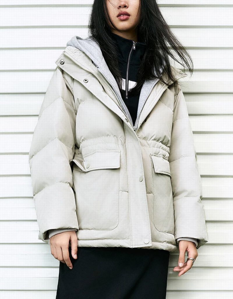 Khaki Grey Women's Urban Revivo Hooded Straight Down Jackets | UHV977VX