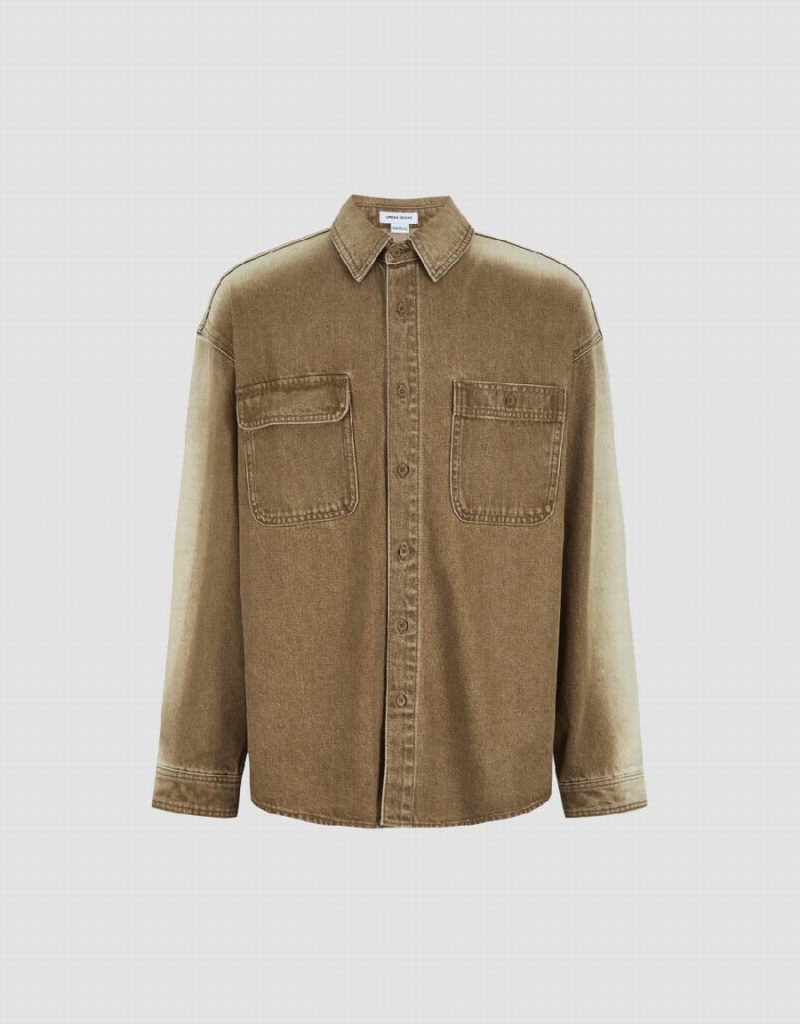 Khaki Men's Urban Revivo Button Up Denim Shirts | VQA187IX