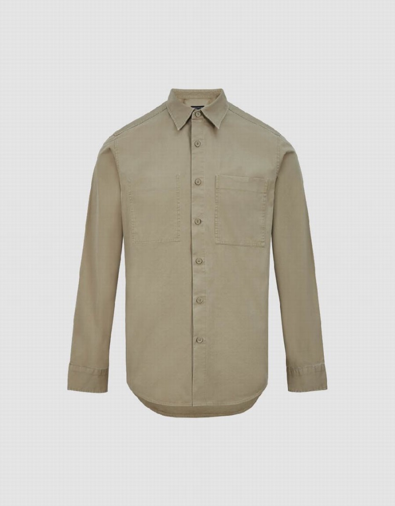 Khaki Men's Urban Revivo Button Up Straight Shirts | FDS778QB