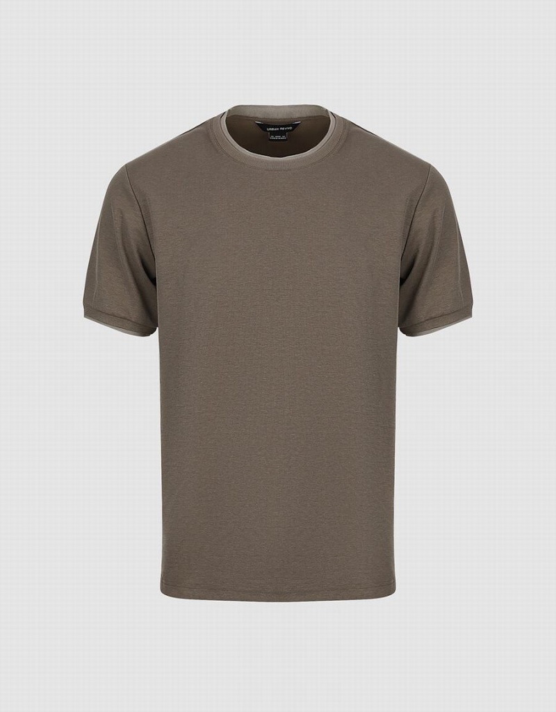 Khaki Men's Urban Revivo Crew Neck Straight T Shirts | UHA5910EY