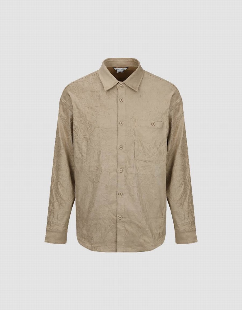 Khaki Men's Urban Revivo Crumpled Effect Loose Shirts | LOX6145JG