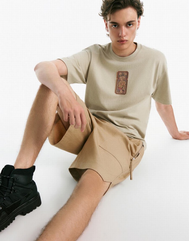 Khaki Men's Urban Revivo Drop Shoulder Sleeve Crew Neck T Shirts | YIH725YN