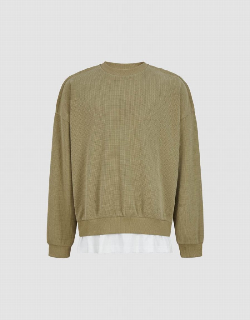 Khaki Men's Urban Revivo Drop Shoulder Sleeve Crew Neck Sweatshirts | NNI6432CU