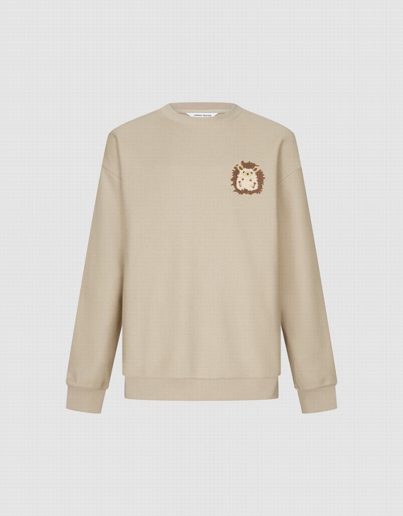 Khaki Men's Urban Revivo Hedgehog Embroidered Crew Neck Sweatshirts | LAN145LP