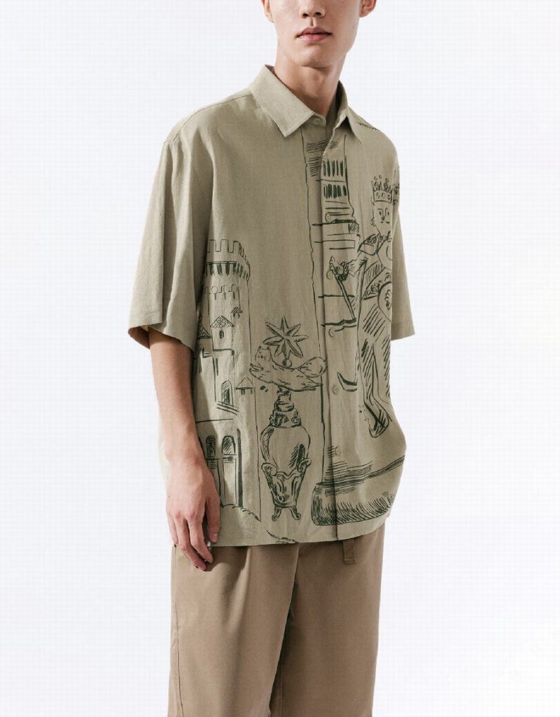 Khaki Men's Urban Revivo Leisure Shirts | VWT1856OL