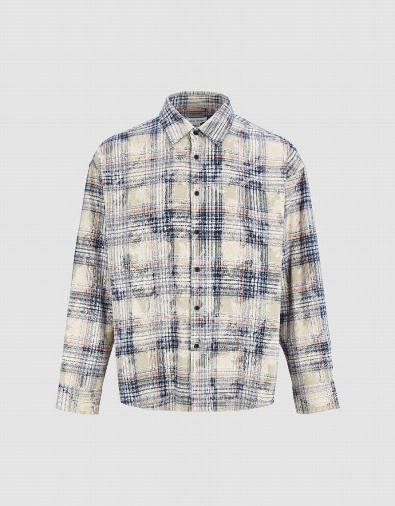 Khaki Men's Urban Revivo Plaid Oversized Shirts | BCR4439KY