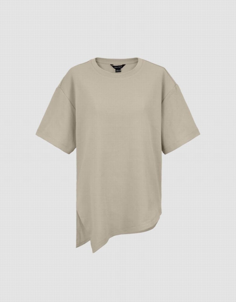 Khaki Women's Urban Revivo Asymmetric Hem Crew Neck Knitted T Shirts | SVN3022MG