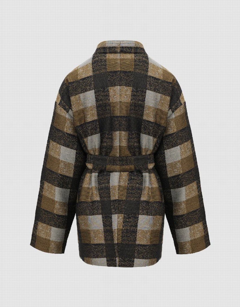 Khaki Women's Urban Revivo Plaid With Belt Down Jackets | GOO398FI