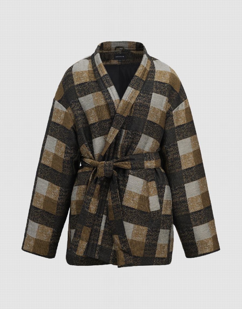 Khaki Women's Urban Revivo Plaid With Belt Down Jackets | GOO398FI