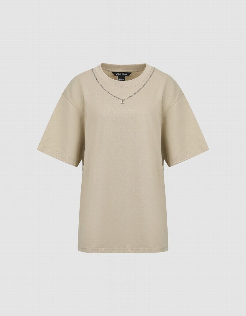 Khaki Women's Urban Revivo Regular With Necklace T Shirts | TLB7595WQ