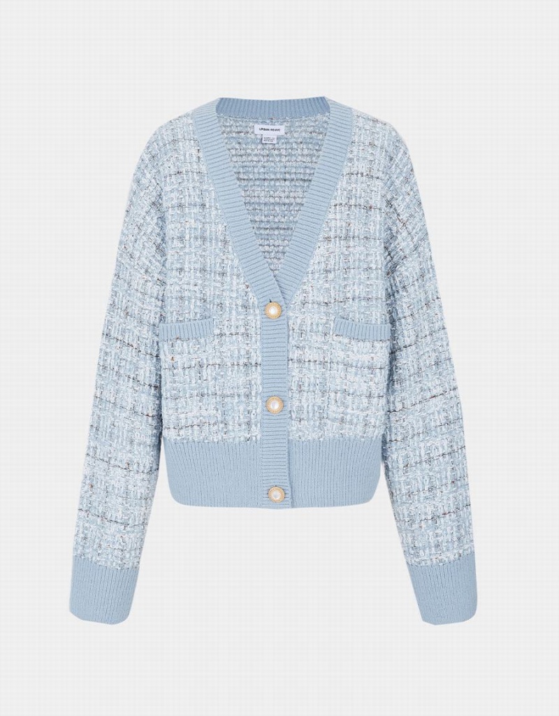 Light Blue Women's Urban Revivo Pocket Tweed Plaid Cardigan | OKW5656GF