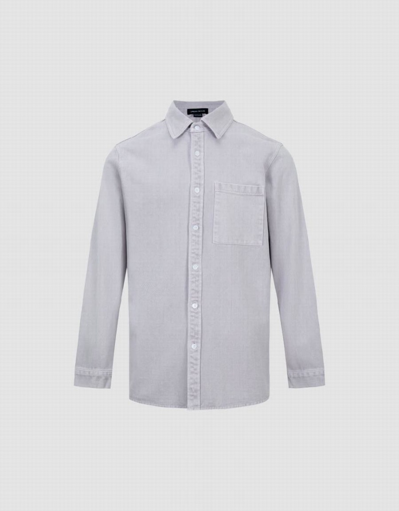 Light Grey Men's Urban Revivo Button Up Loose Denim Shirts | PVE9031MK