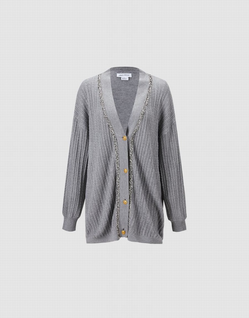 Light Grey Women's Urban Revivo Contrast Trim Cardigan | CFL8749KG