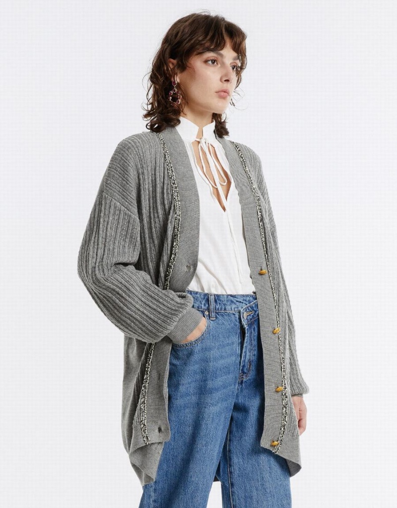 Light Grey Women's Urban Revivo Contrast Trim Cardigan | CFL8749KG