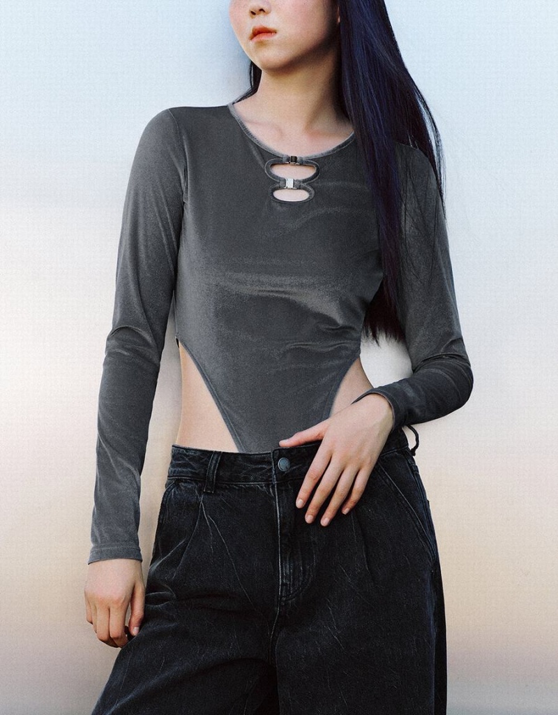 Light Grey Women's Urban Revivo Cut-Out Crew Neck Skinny T Shirts | LXR124EE