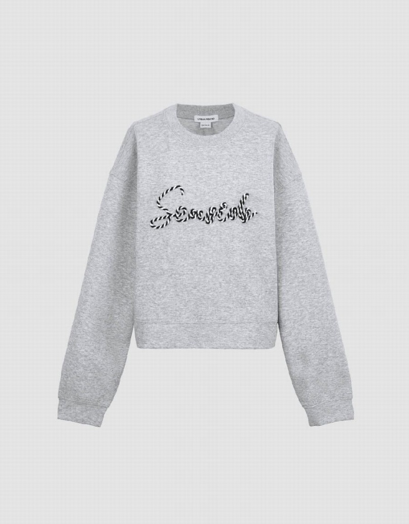 Light Grey Women's Urban Revivo Letter Embroidered Crew Neck Loose Sweatshirts | SAH4782HP